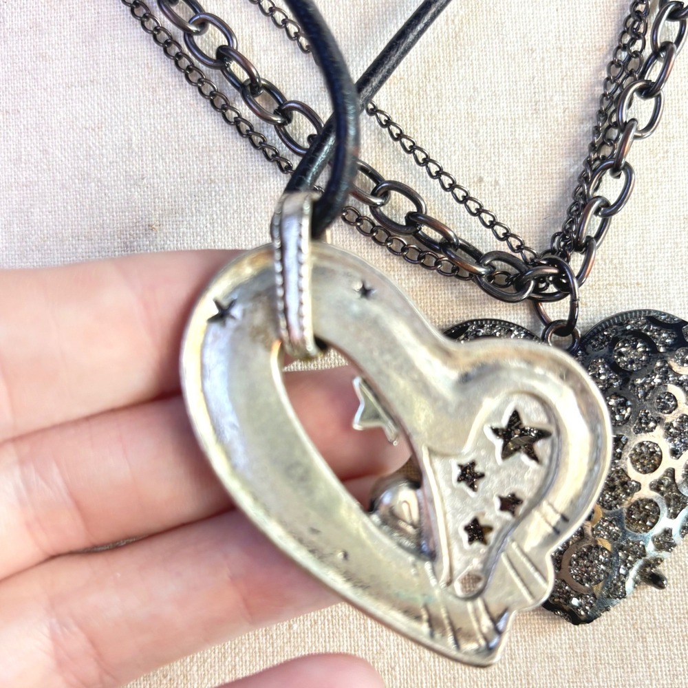 Vintage Heart Necklaces Silver Black Metal Crystal Y2K Grunge Celestial Goth - Picture 7 of 16